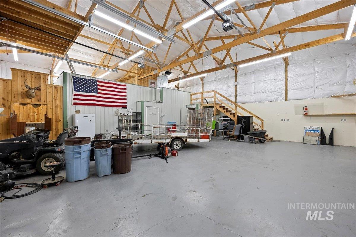 Garage with freestanding refrigerator