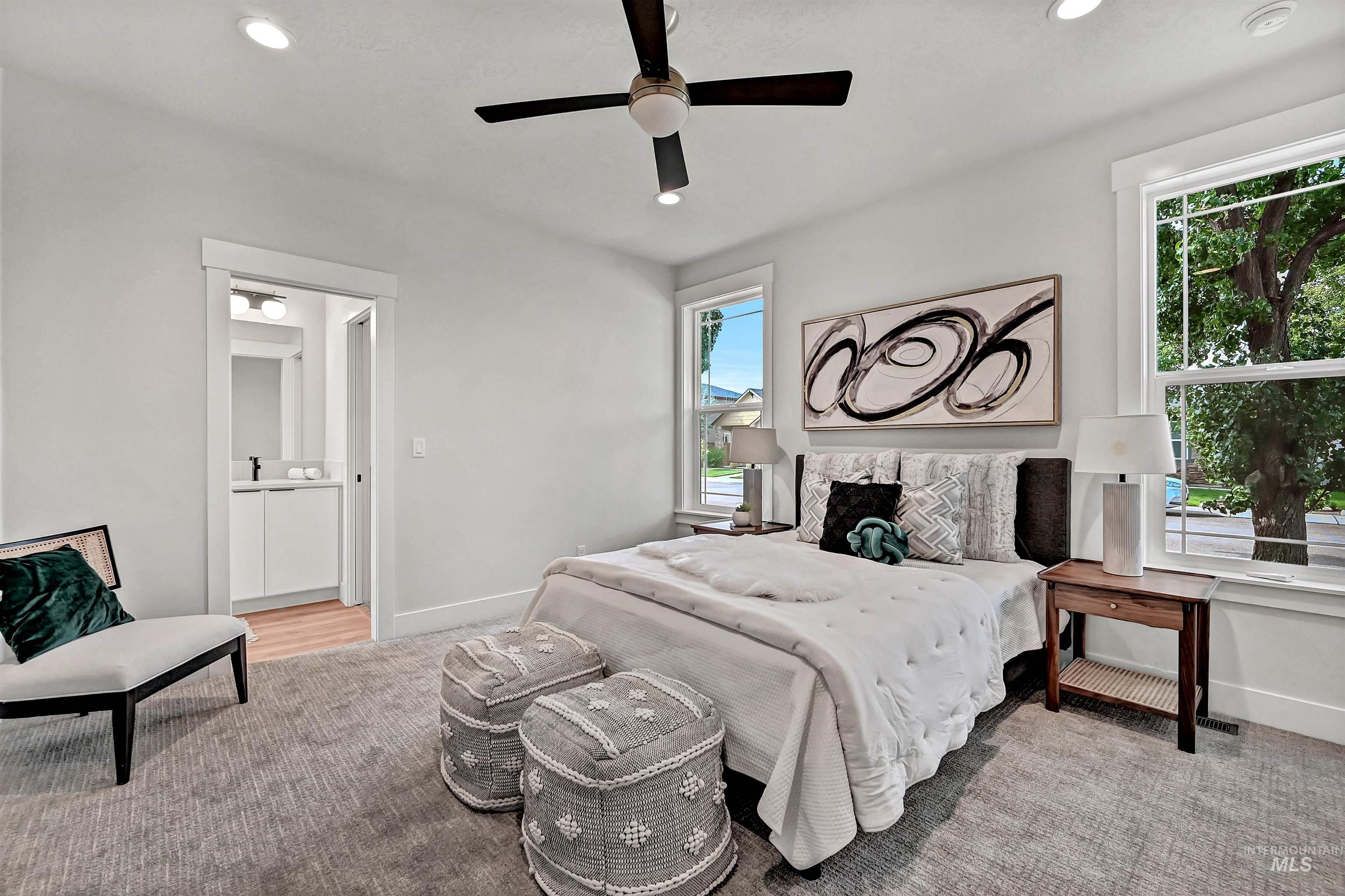 Bedroom featuring recessed lighting, a ceiling fan, and light colored carpet