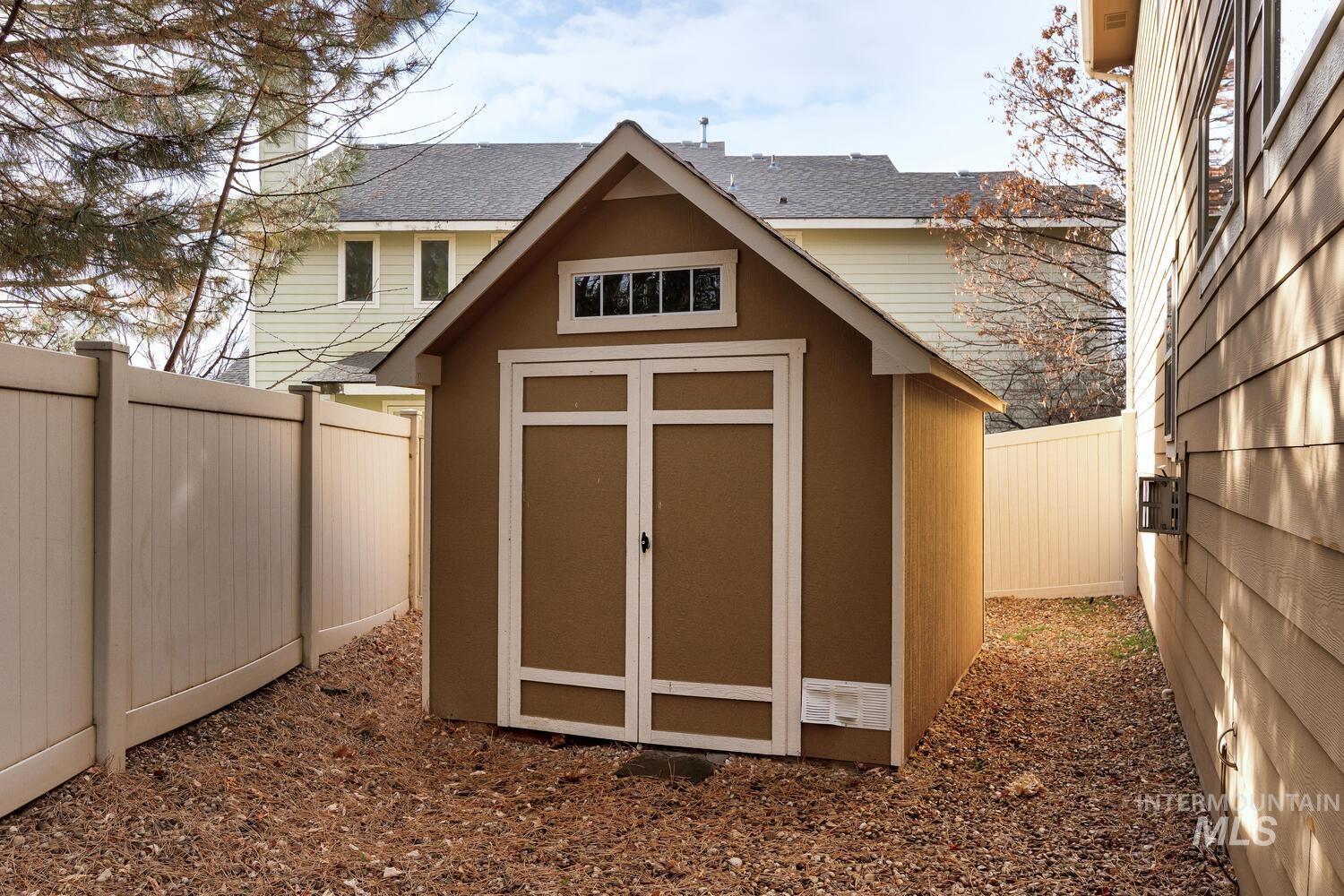 View of shed featuring a fenced backyard