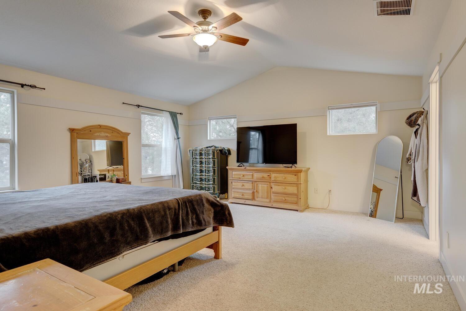 Carpeted bedroom featuring lofted ceiling and ceiling fan