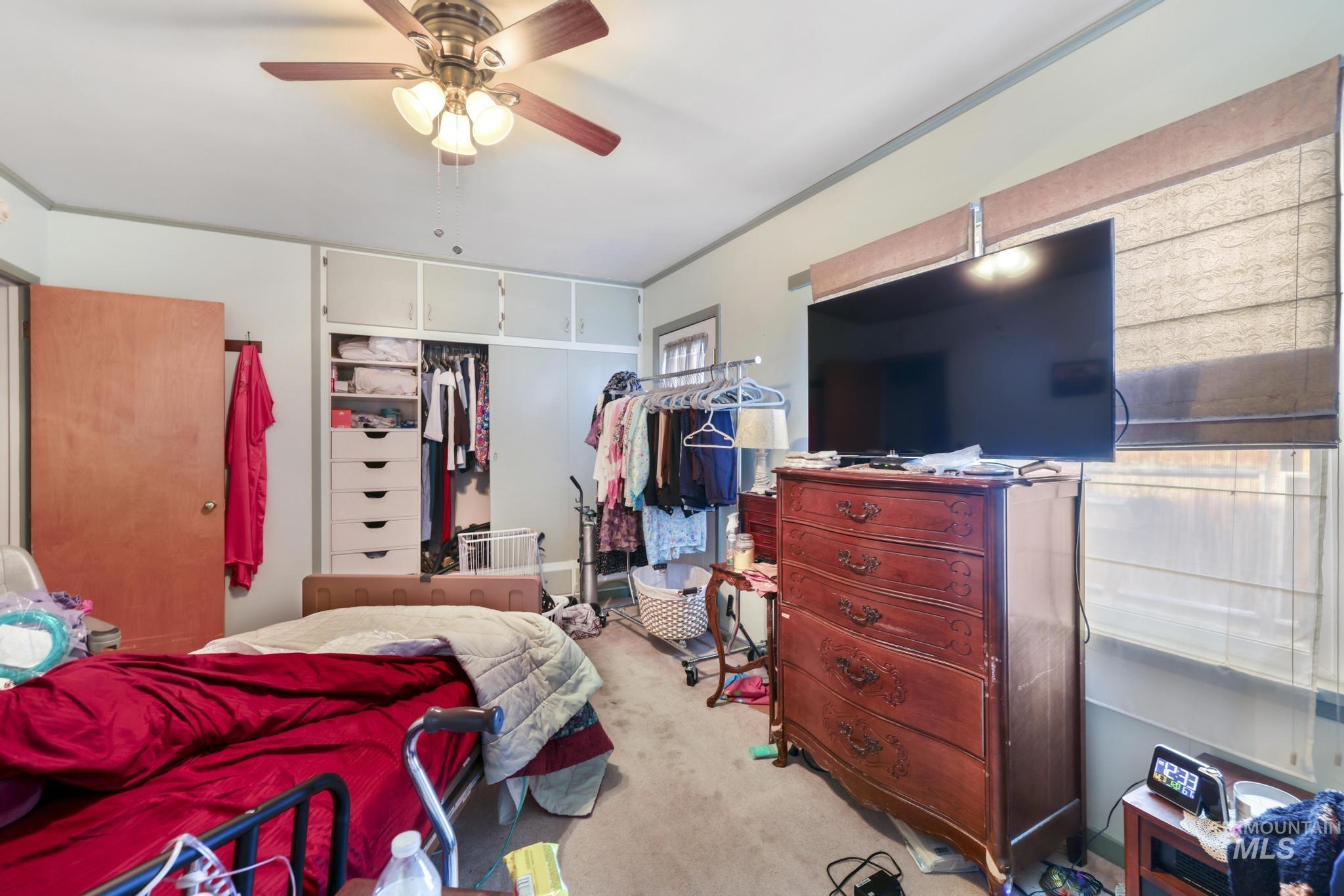 Bedroom featuring carpet, a closet, and ceiling fan
