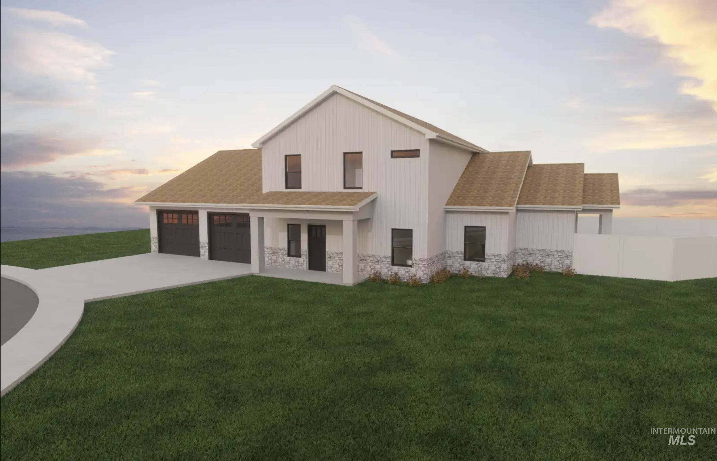 View of front of home featuring stone siding, a front lawn, concrete driveway, and a shingled roof