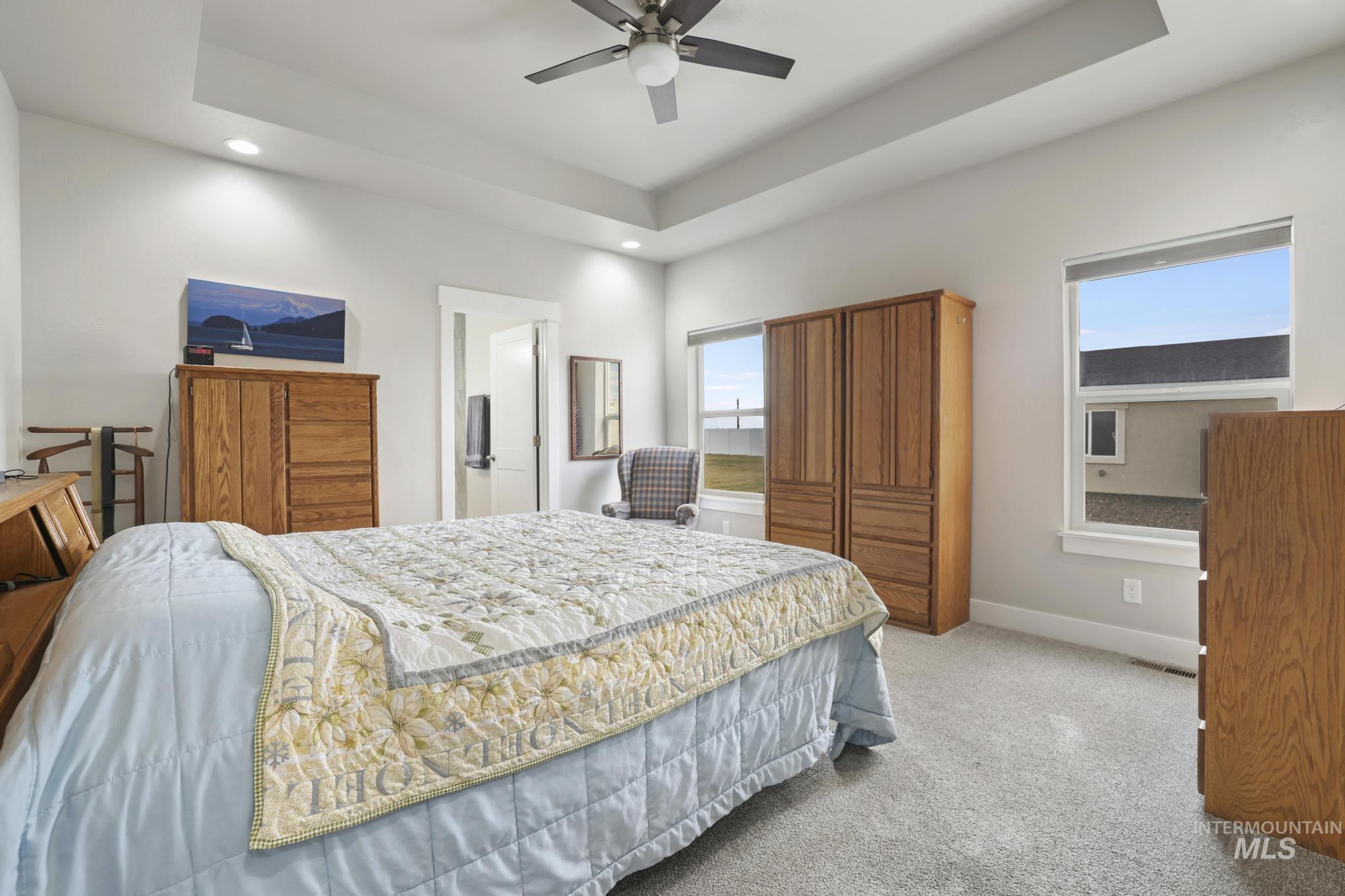 Bedroom featuring a tray ceiling, light carpet, and a ceiling fan