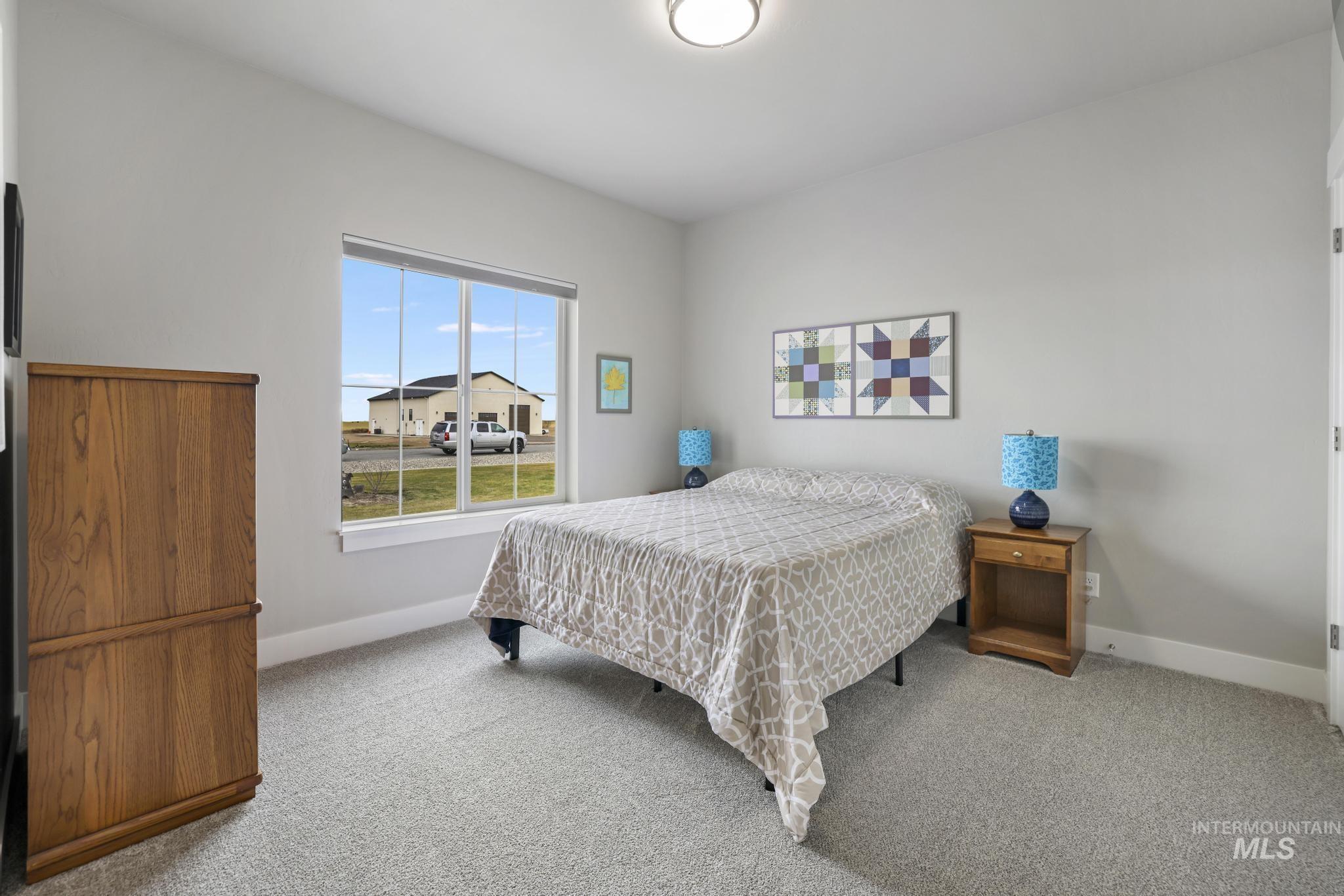 Bedroom with light colored carpet