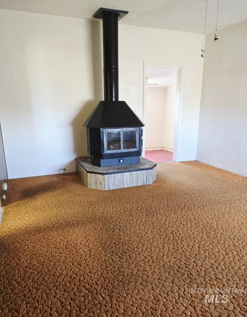 Detailed view of a wood stove and carpet flooring