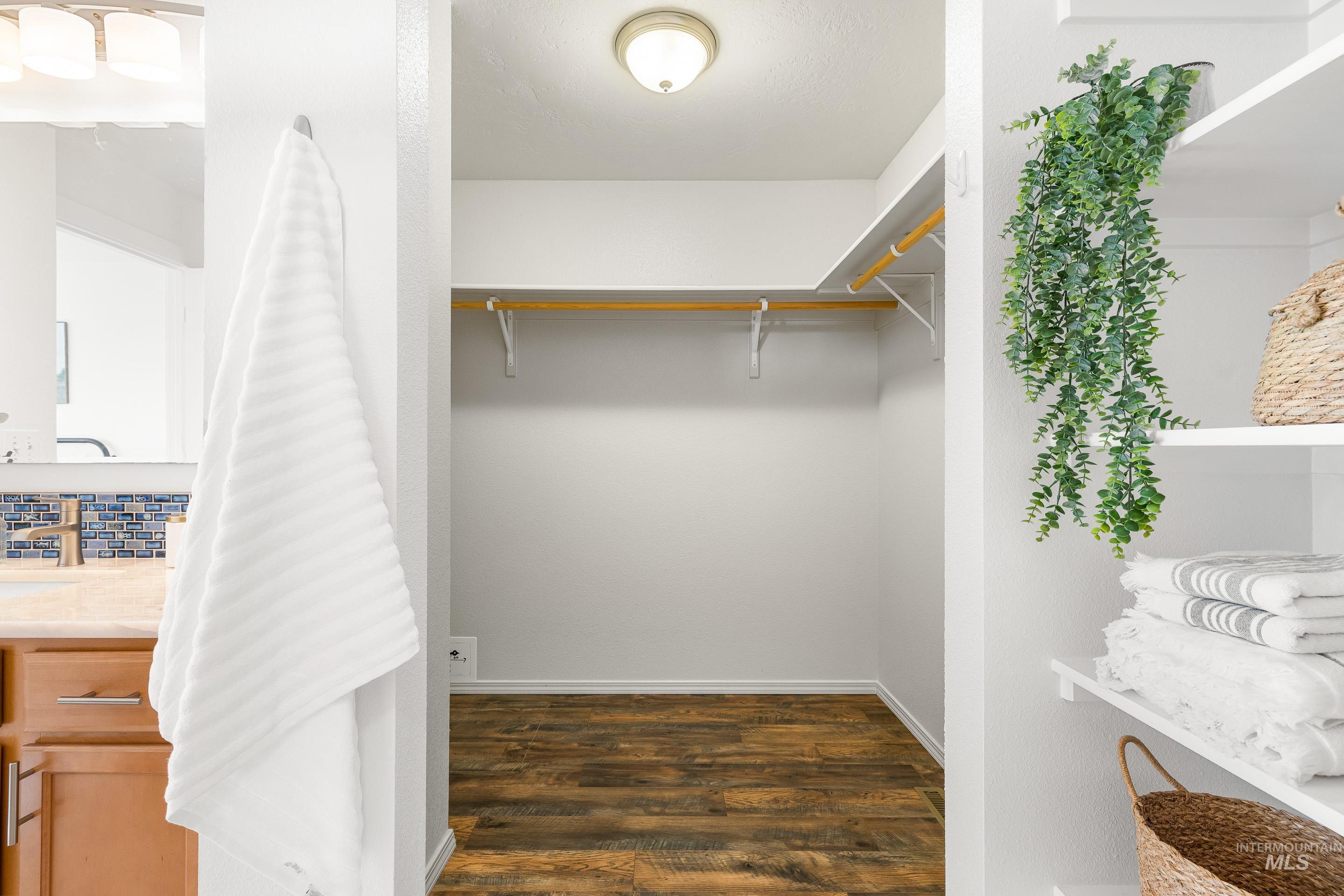 Walk in closet with dark wood-type flooring and a sink