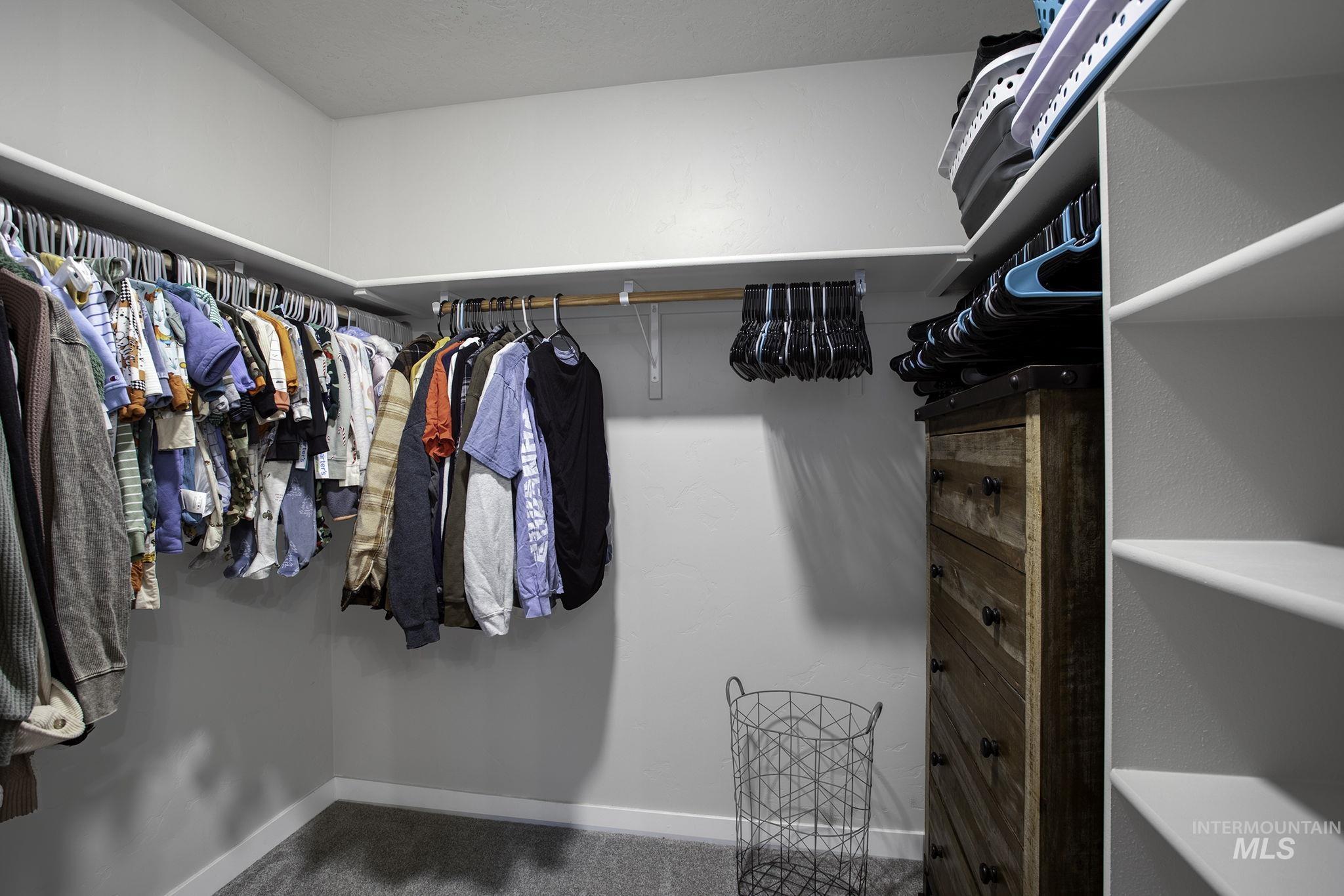 Walk in closet featuring dark colored carpet