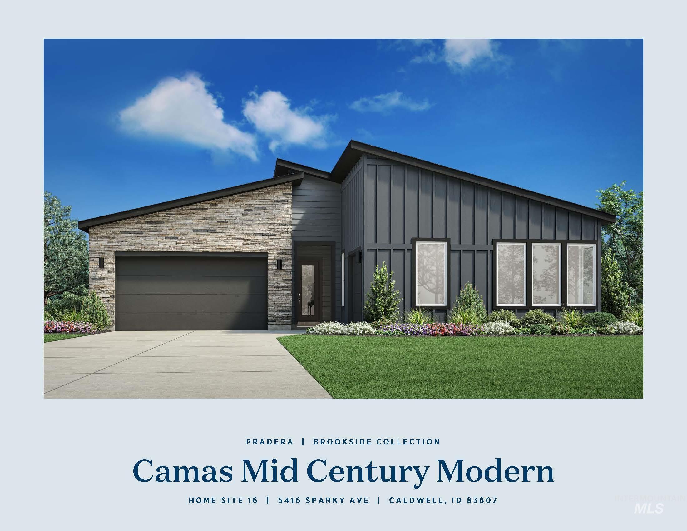 View of front of property featuring board and batten siding, driveway, an attached garage, a front lawn, and stone siding