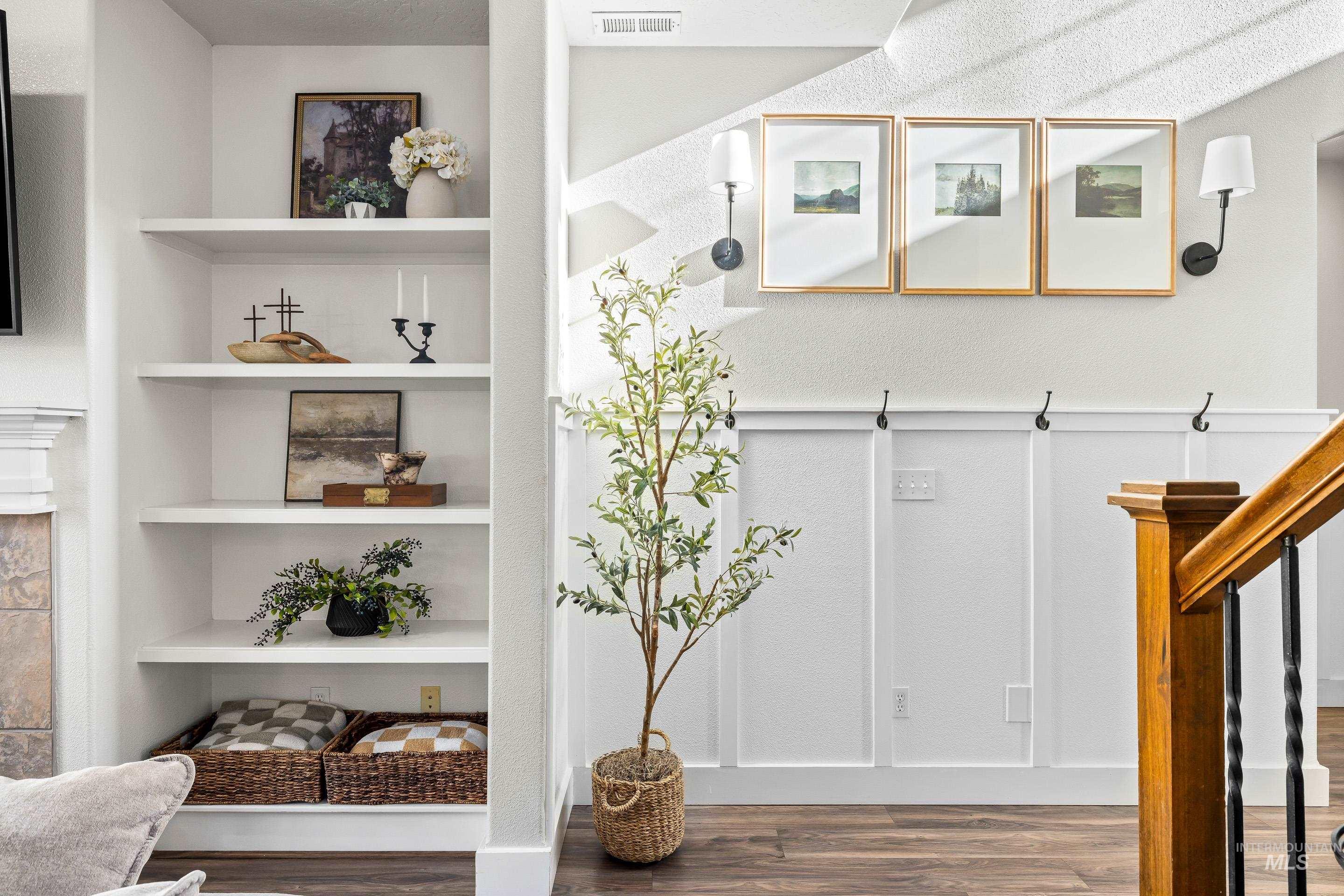 Detailed view of wood finished floors and built in features