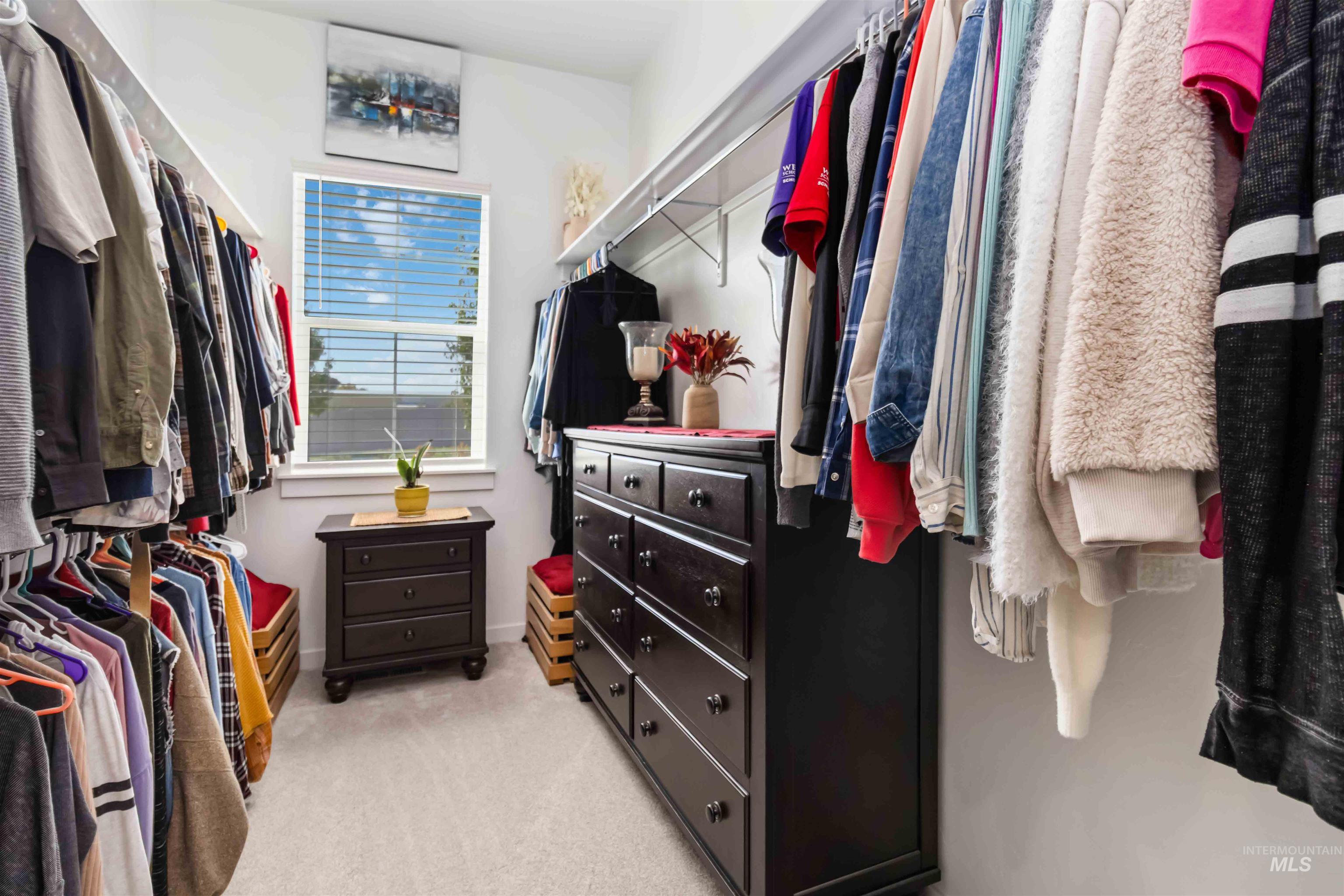 Spacious closet featuring light carpet and large window bringing in brightness