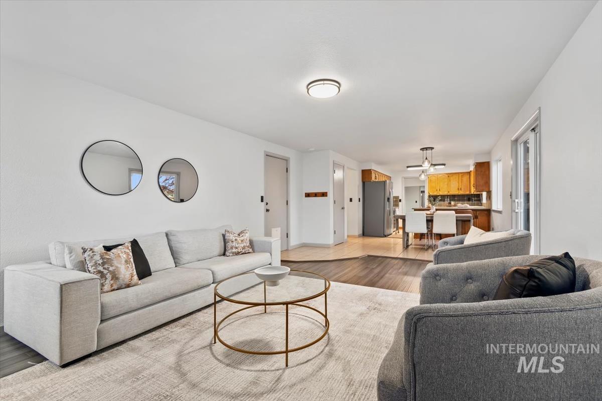 Living area with light wood-type flooring