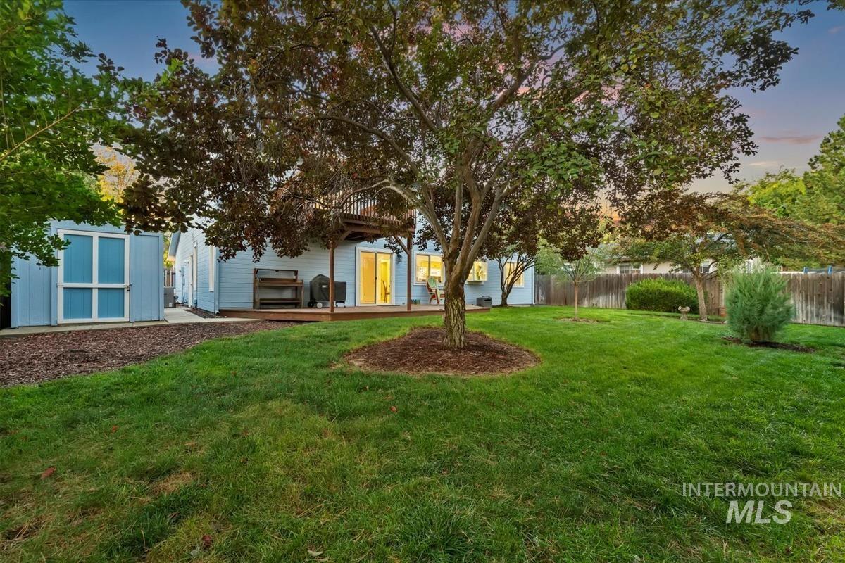View of yard with a deck and a shed