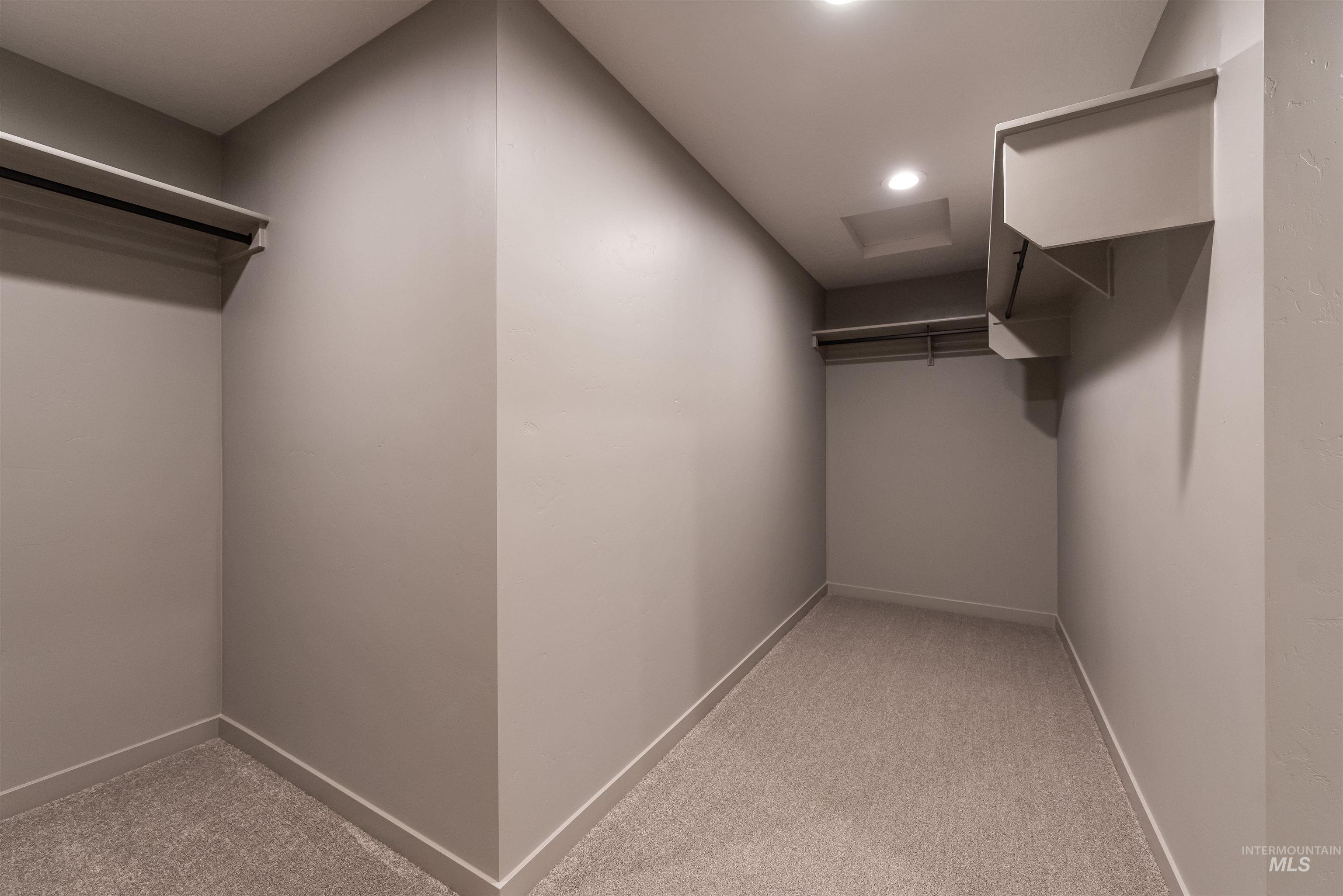 Walk in closet featuring light carpet
