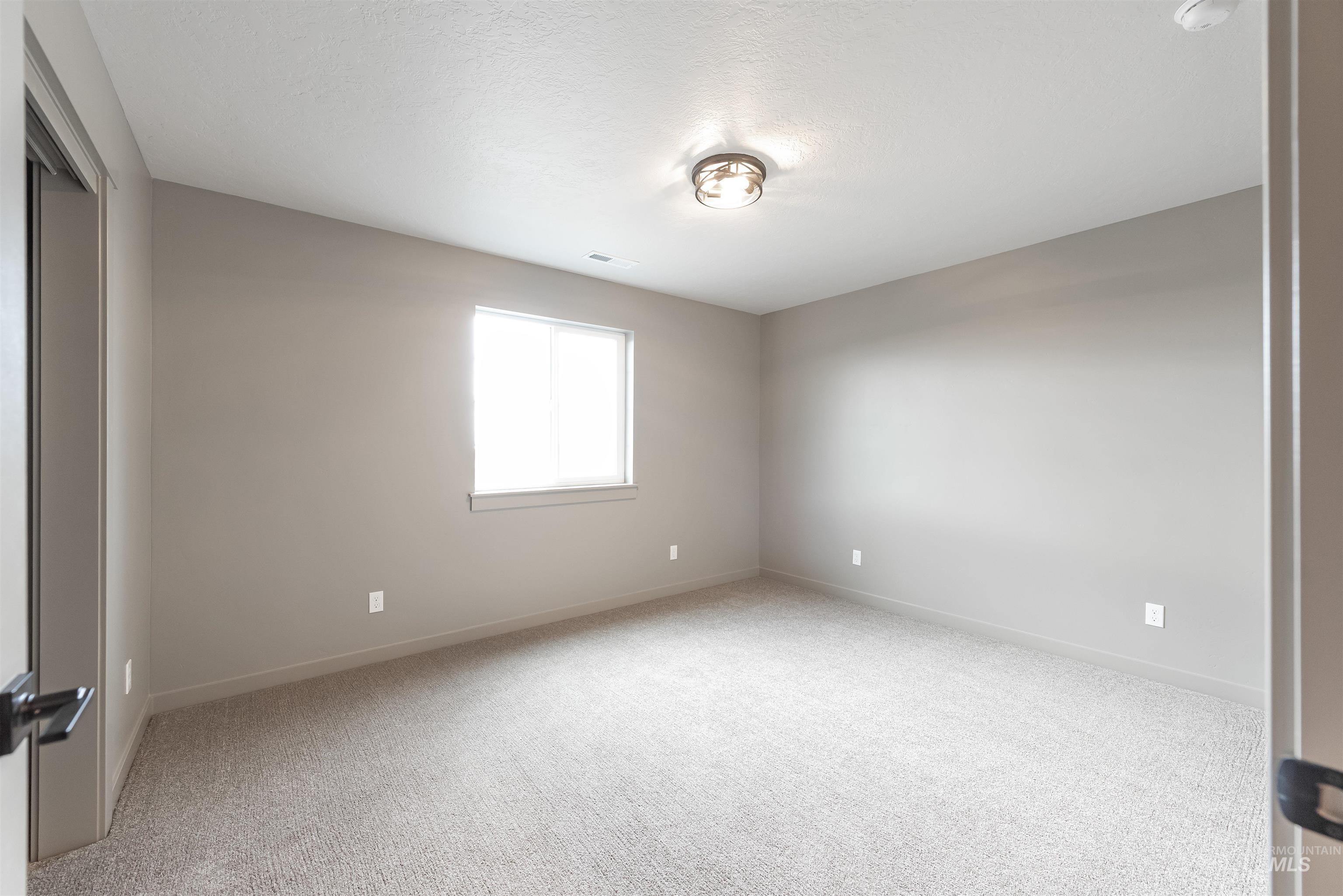 Spare room featuring light colored carpet and a textured ceiling