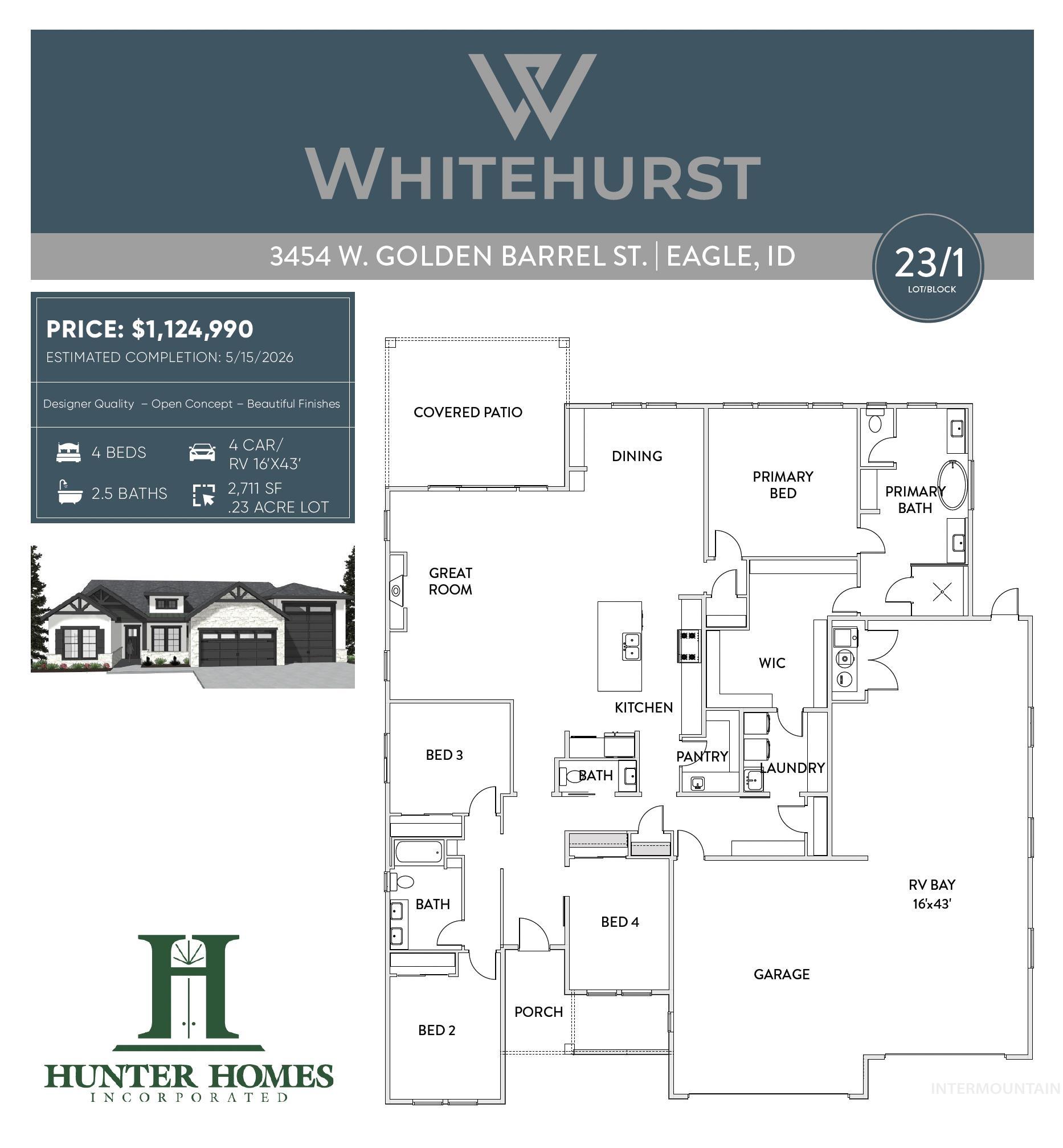 3454 W Golden Barrel St., Eagle, Idaho 83616, 4 Bedrooms, 2.5 Bathrooms, Residential For Sale, Price $1,124,990,MLS 98977751