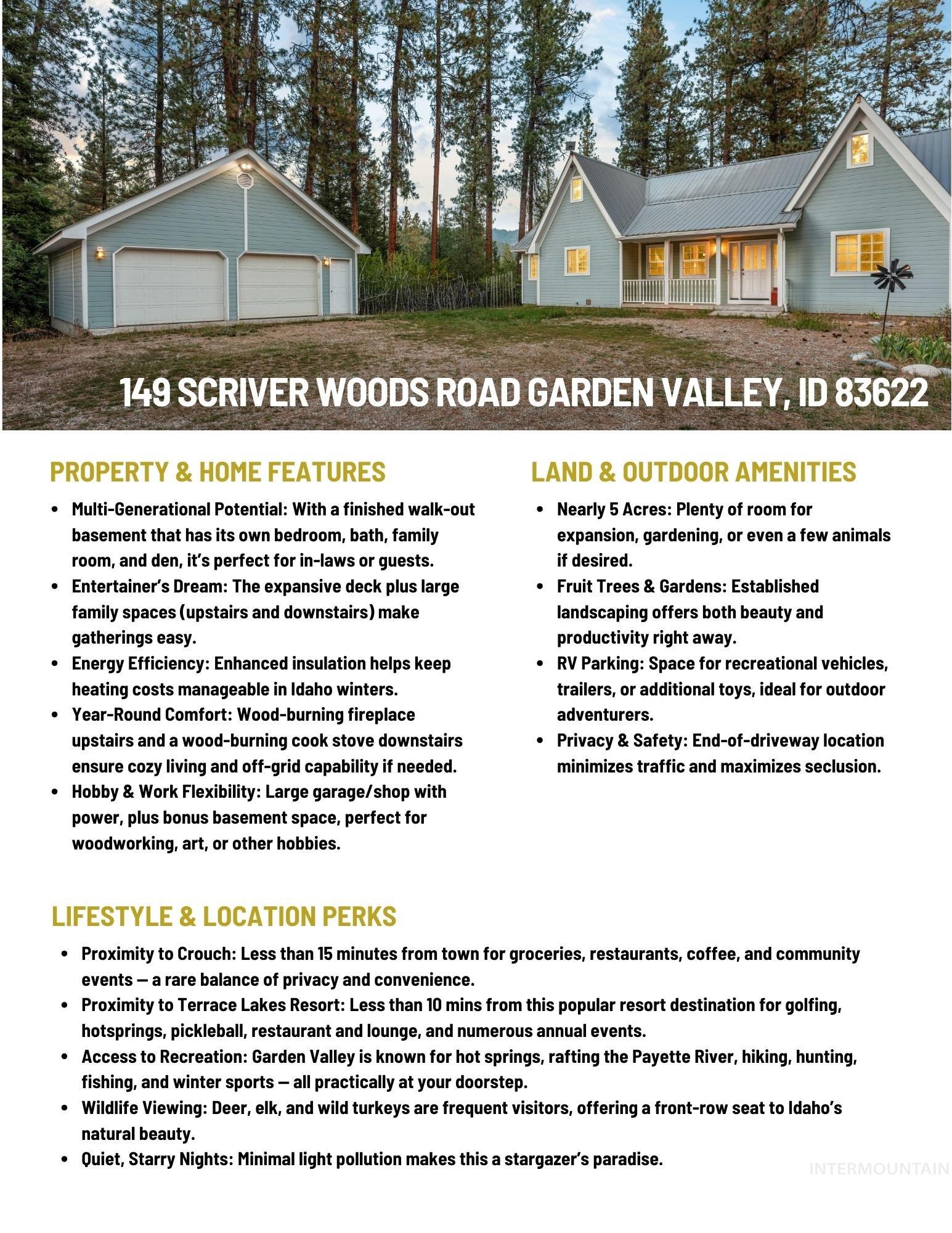 149 Scriver Woods Rd, Garden Valley, Idaho 83622, 4 Bedrooms, 3 Bathrooms, Residential For Sale, Price $749,900,MLS 98980394