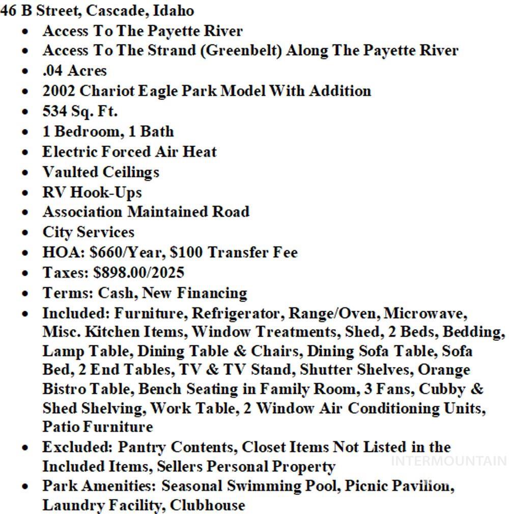 46 B Street, Cascade, Idaho 83611, 1 Bedroom, 1 Bathroom, Residential For Sale, Price $199,999, 98989868