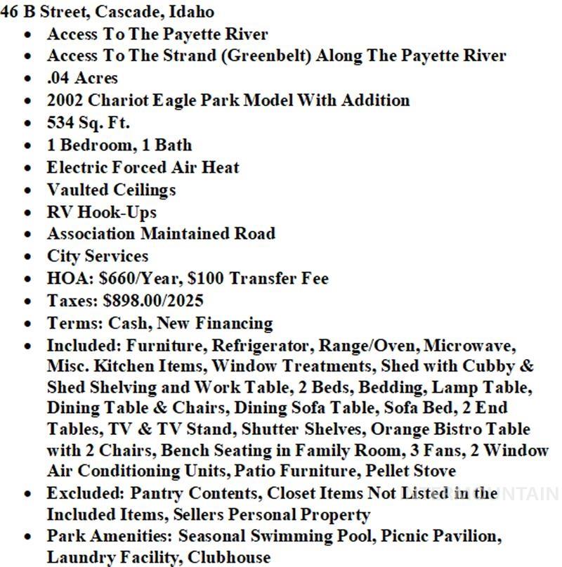 46 B Street, Cascade, Idaho 83611, 1 Bedroom, 1 Bathroom, Residential For Sale, Price $219,900,MLS 98989868