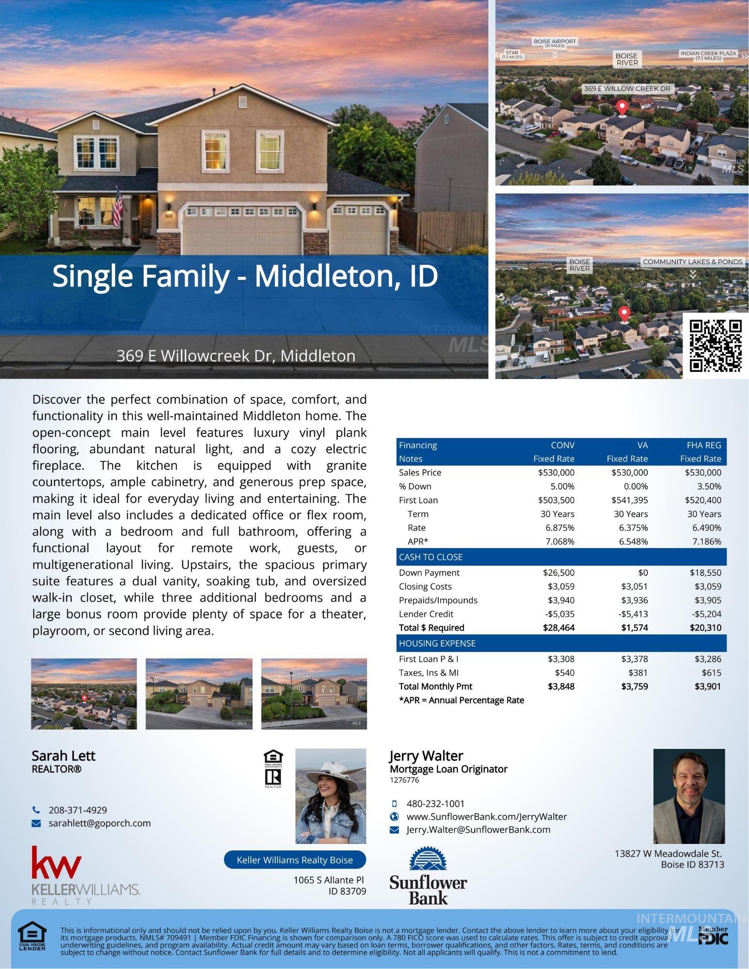 369 E Willow Creek Dr, Middleton, Idaho 83644, 5 Bedrooms, 3 Bathrooms, Residential For Sale, Price $530,000,MLS 98993530