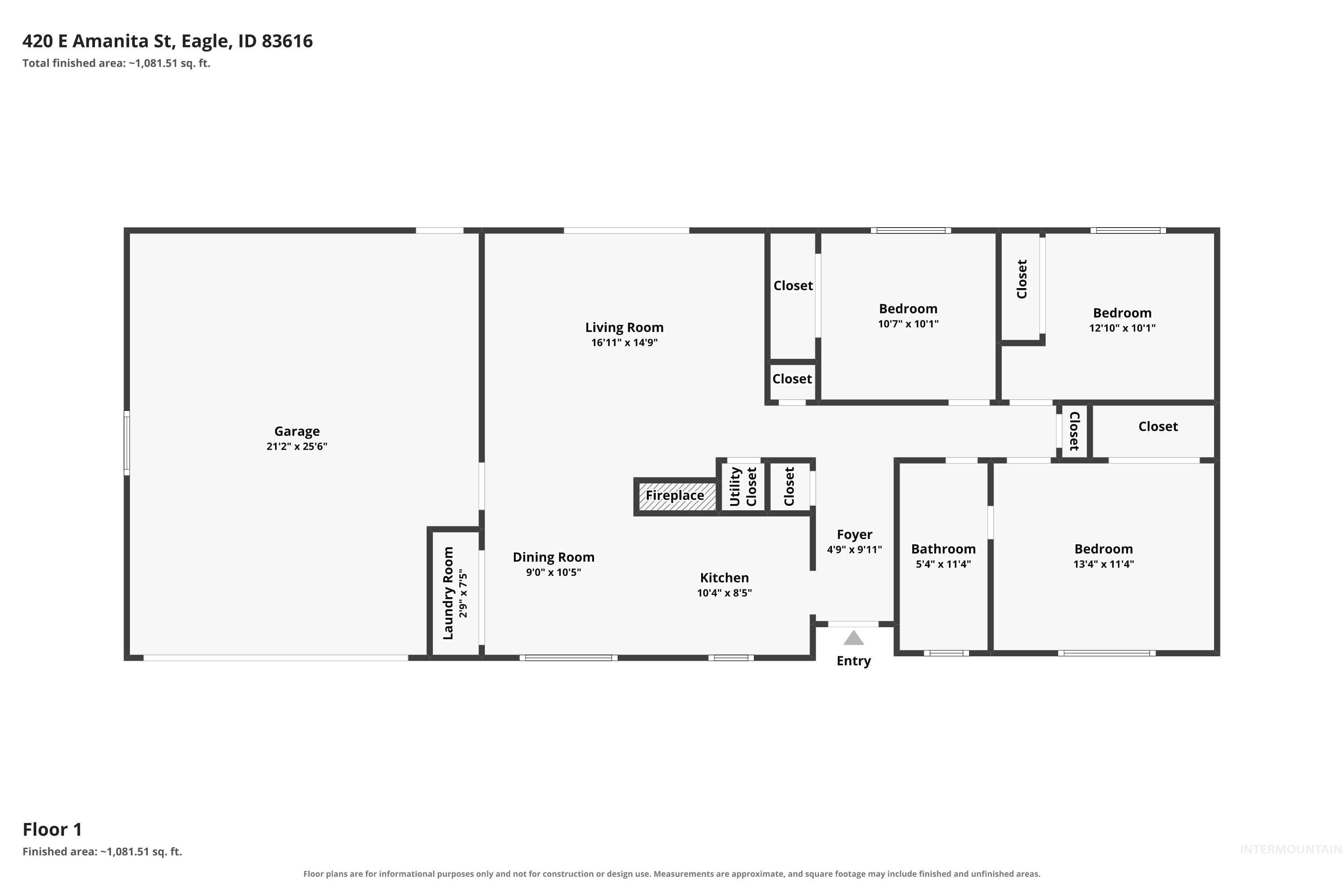 420 E Amanita, Eagle, Idaho 83616, 3 Bedrooms, 1 Bathroom, Residential For Sale, Price $429,900, 98994809